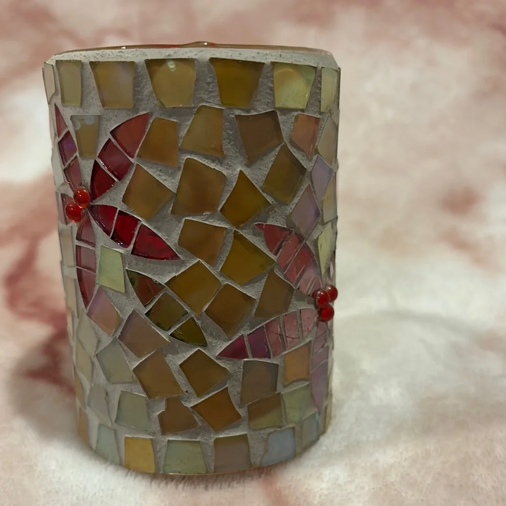 Crate & Barrel Stained Glass Pointsettia Mosaic Candle Holder w scented votifs R